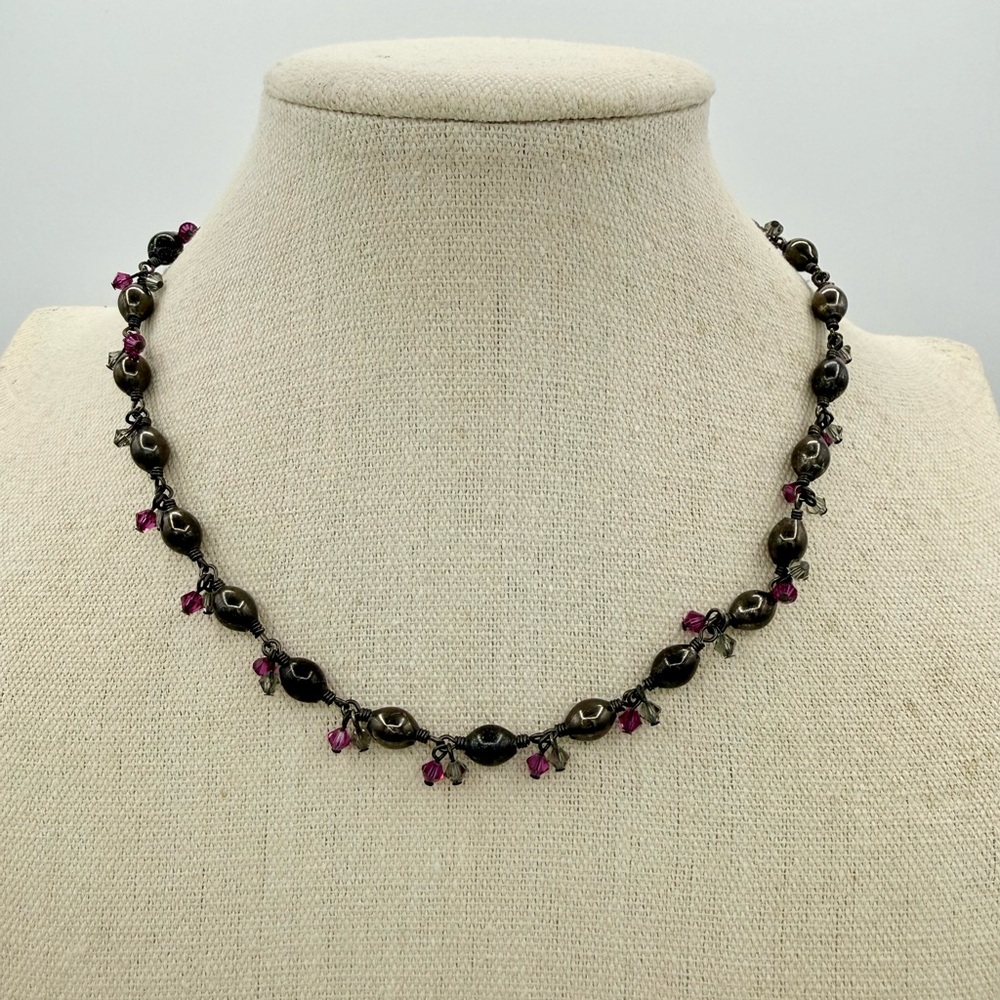 Vintage Kenneth Cole Gunmetal Bead Crystal Charm Necklace Purple Gray Bicone Y2K